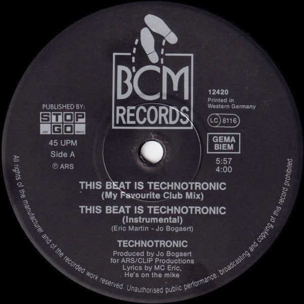 Technotronic Feat. MC Eric : This Beat Is Technotronic (12", Maxi, Son)