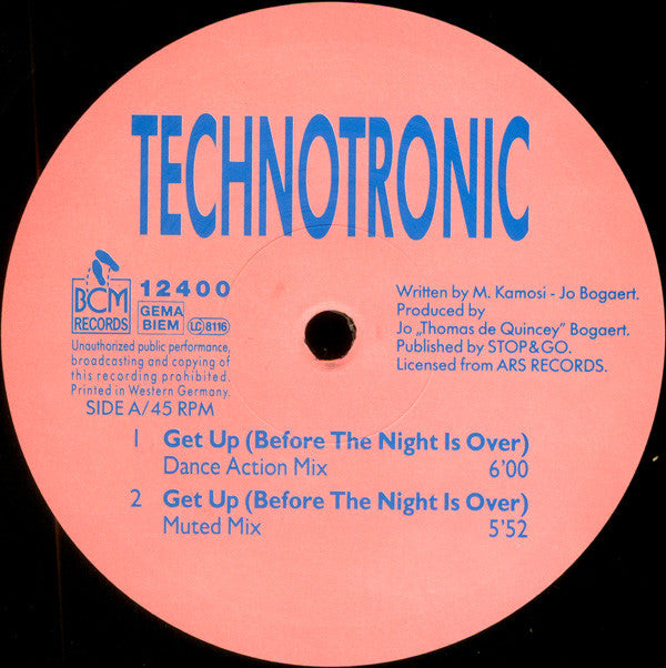 Technotronic : Get Up! (Before The Night Is Over) (12", Maxi)