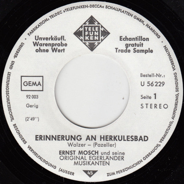 Ernst Mosch Und Seine Original Egerländer Musikanten : Erinnerung An Herkulesbad / Gablonzer Perlen (7", Single, Promo)