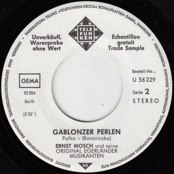Ernst Mosch Und Seine Original Egerländer Musikanten : Erinnerung An Herkulesbad / Gablonzer Perlen (7", Single, Promo)