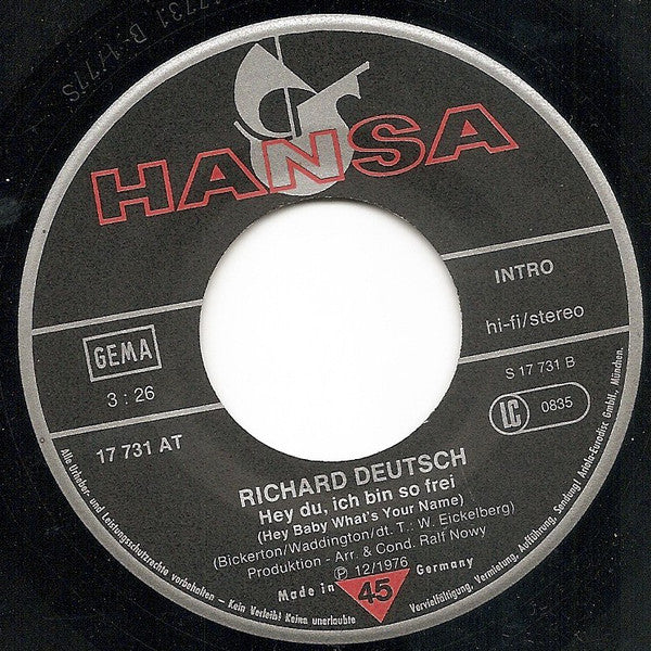 Richard Deutsch (2) : Jeanny Ist Fort / Hey Du, Ich Bin So Frei (7", Single)