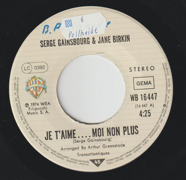 Jane Birkin Avec Serge Gainsbourg : Je T'aime... Moi Non Plus (7", Single, RE)