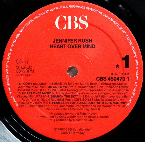 Jennifer Rush : Heart Over Mind (LP, Album)