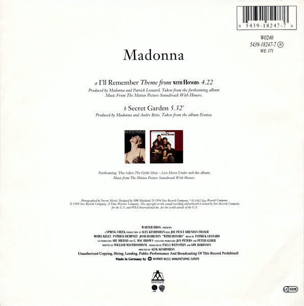 Madonna : I'll Remember (Theme From With Honors) (7", Single, Lar)