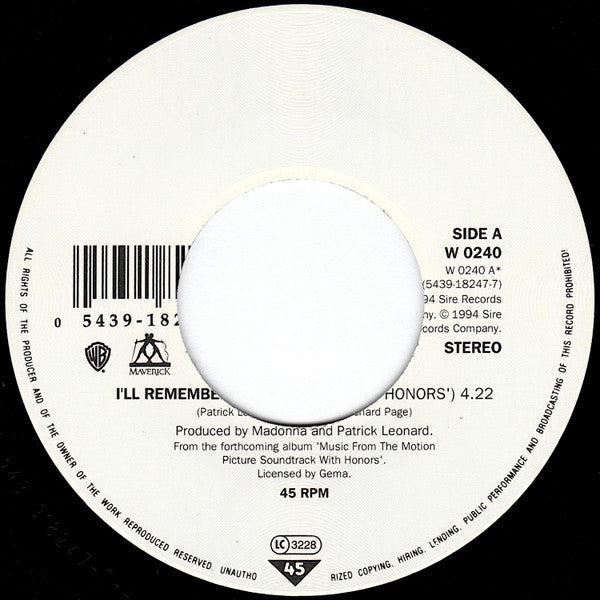 Madonna : I'll Remember (Theme From With Honors) (7", Single, Lar)