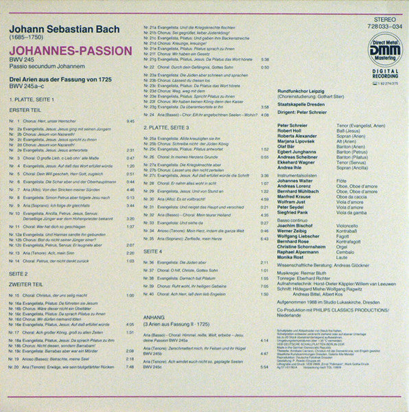 Johann Sebastian Bach - Peter Schreier, Staatskapelle Dresden : Johannes - Passion BWV 245 • 3 Arien Fassung 1725 (2xLP)