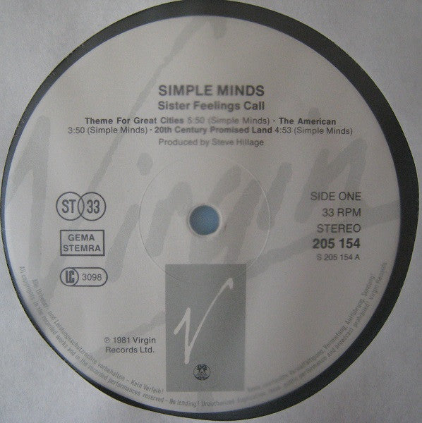 Simple Minds : Sister Feelings Call (LP, Album, RE, RP)