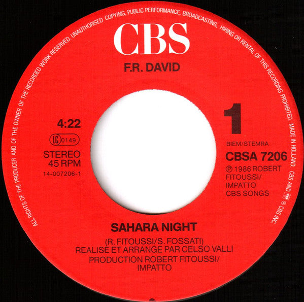 F.R. David : Sahara Night (7", Single)
