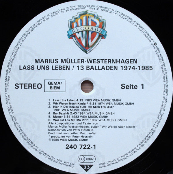 Marius Müller-Westernhagen : Lass Uns Leben / 13 Balladen 1974-1985 (LP, Comp)