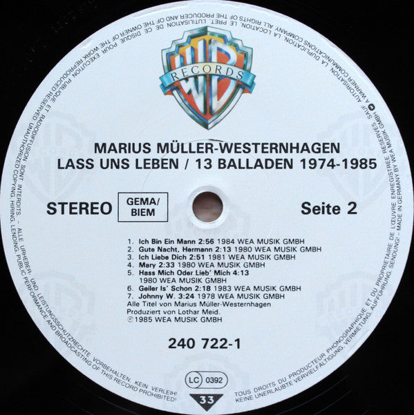 Marius Müller-Westernhagen : Lass Uns Leben / 13 Balladen 1974-1985 (LP, Comp)