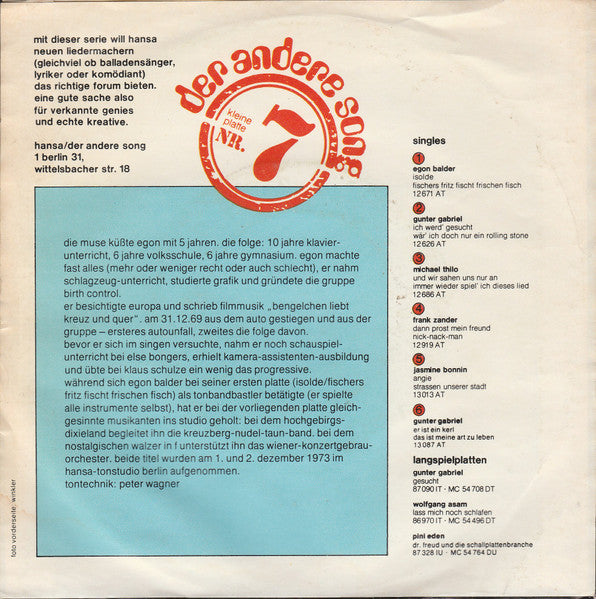Hugo Egon Balder : Maskenball Im Hochgebirge / Schmalzer In F (7", Single)