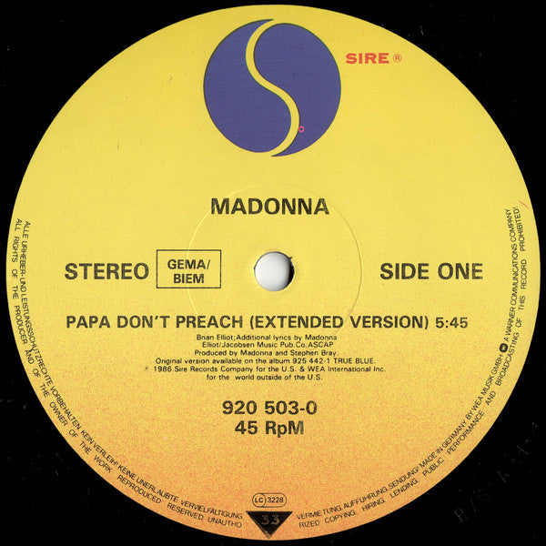 Madonna : Papa Don't Preach (Extended Version) (12", Maxi)