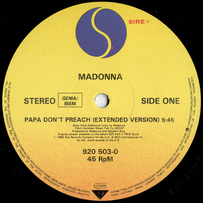 Madonna : Papa Don't Preach (Extended Version) (12", Maxi)