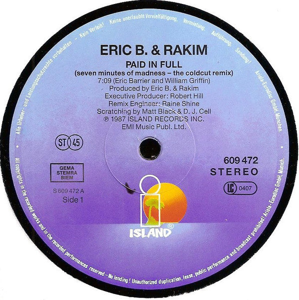 Eric B. & Rakim : Paid In Full (Seven Minutes Of Madness - The Coldcut Remix) (12", Maxi)