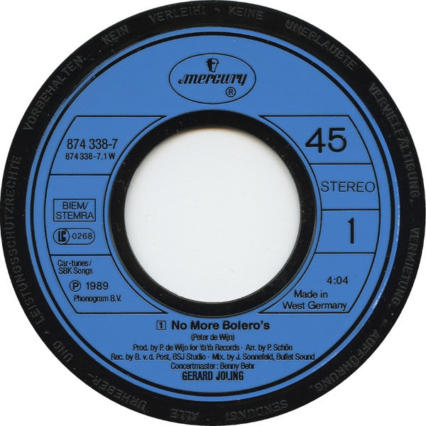 Gerard Joling : No More Bolero's (7", Single, Blu)