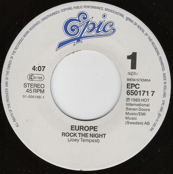 Europe (2) : Rock The Night (7", Single)