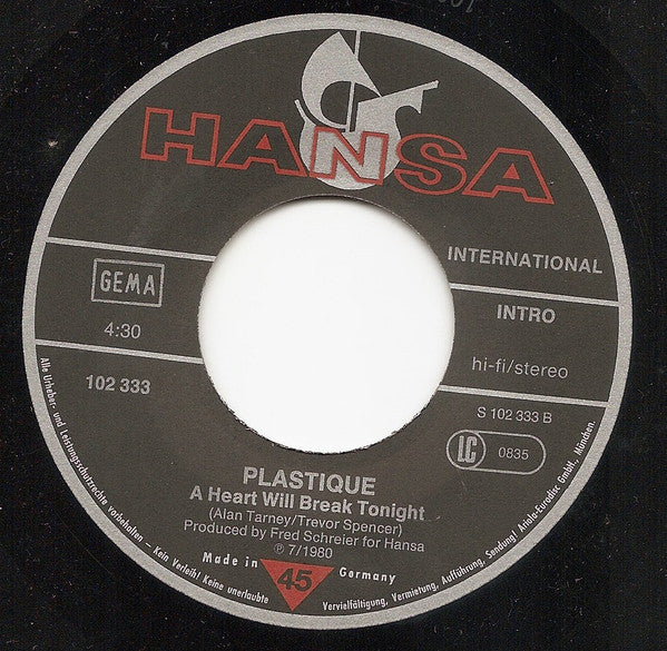 Plastique (3) : Up And Down / A Heart Will Break Tonight (7", Single)