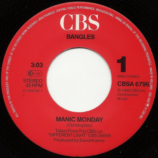 Bangles : Manic Monday (7", Single)