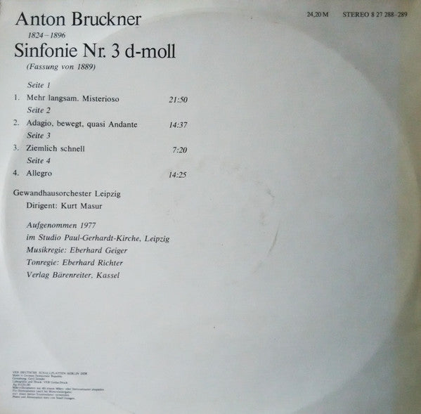 Anton Bruckner, Gewandhausorchester Leipzig, Kurt Masur : Sinfonie Nr. 3 D-moll (2xLP)