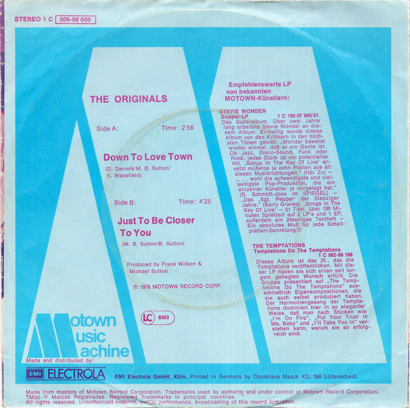 The Originals : Down To Love Town (7", Single)