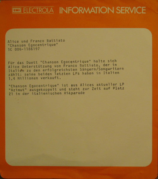 Alice (4) + Franco Battiato : Chanson Egocentrique (7", Single)
