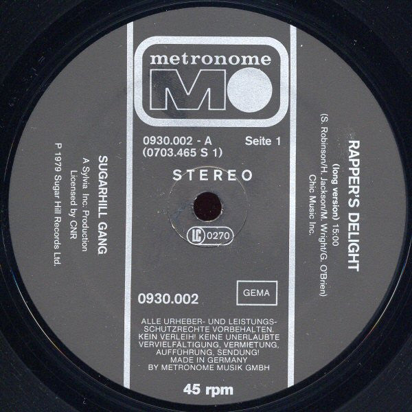 Sugarhill Gang : Rapper's Delight (12", Single, Spe)