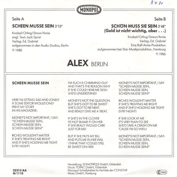 Alex, Berlin* : Scheen Musse Sein (7", Single)