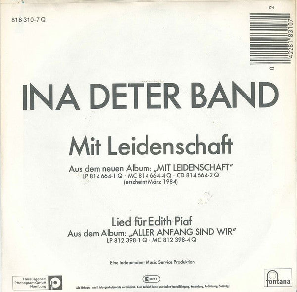 Ina Deter Band : Mit Leidenschaft (7", Single)