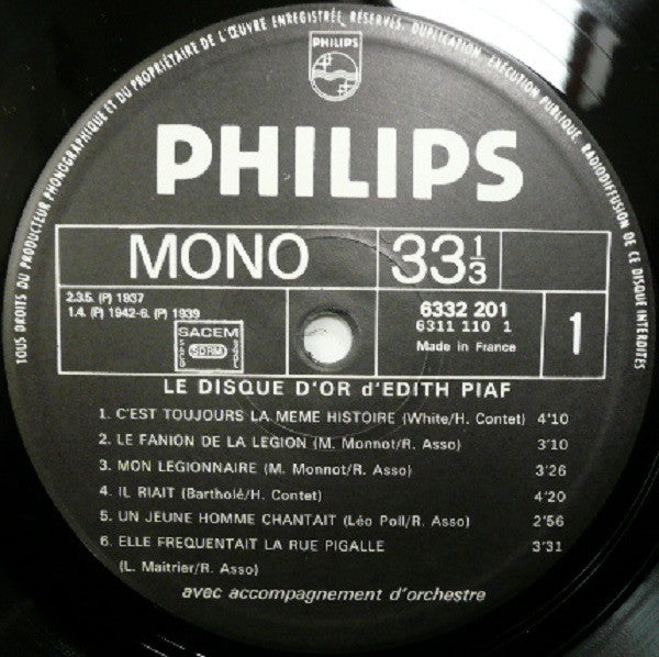 Edith Piaf : Mon Légionnaire (LP, Comp, Mono)