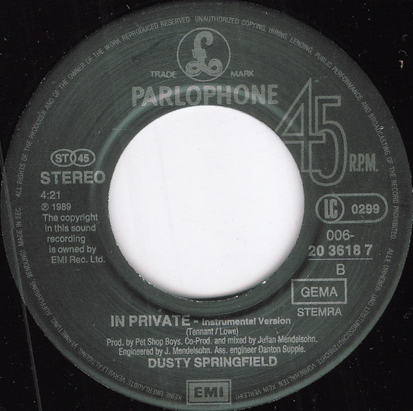 Dusty Springfield : In Private (7", Single)