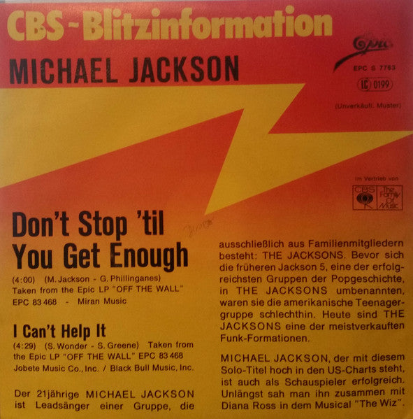 Michael Jackson : Don't Stop 'Til You Get Enough  (7", Single, Promo)