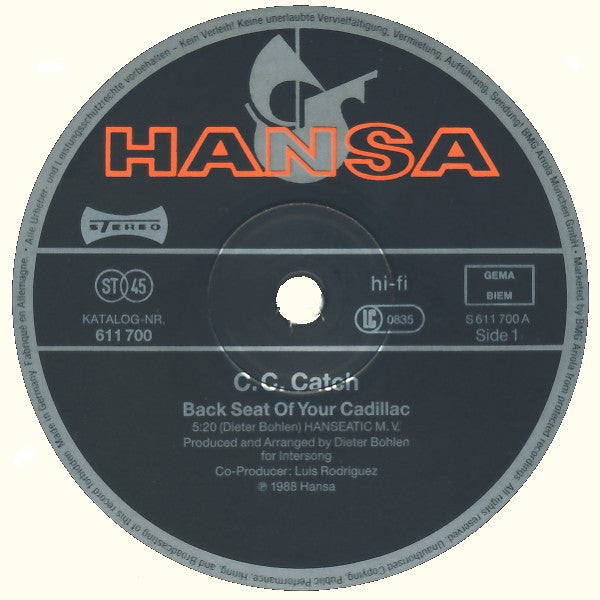 C.C. Catch : Backseat Of Your Cadillac (12", Maxi)