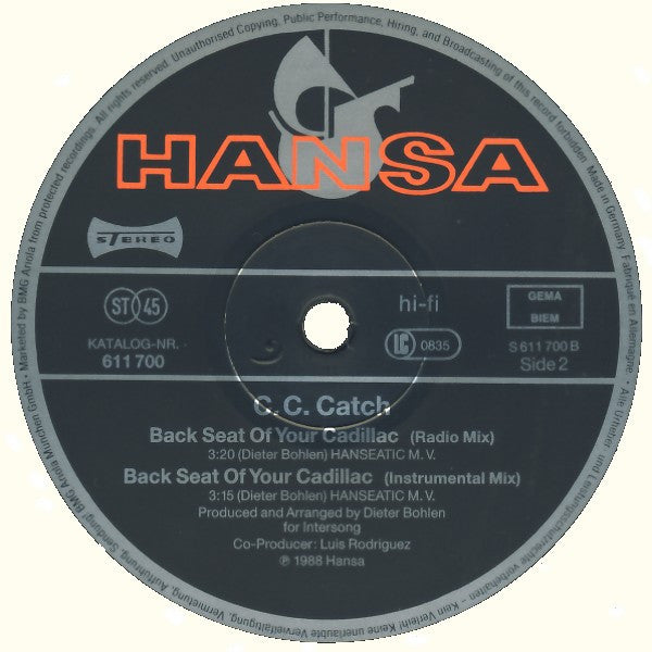 C.C. Catch : Backseat Of Your Cadillac (12", Maxi)