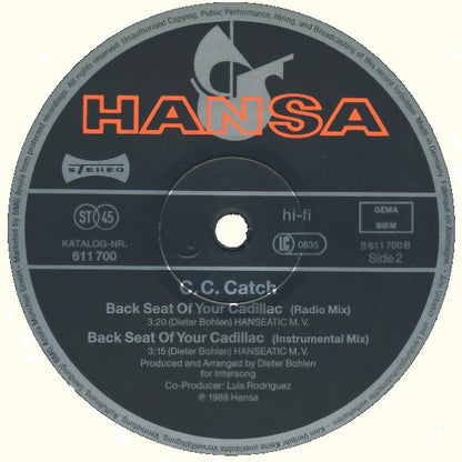 C.C. Catch : Backseat Of Your Cadillac (12", Maxi)