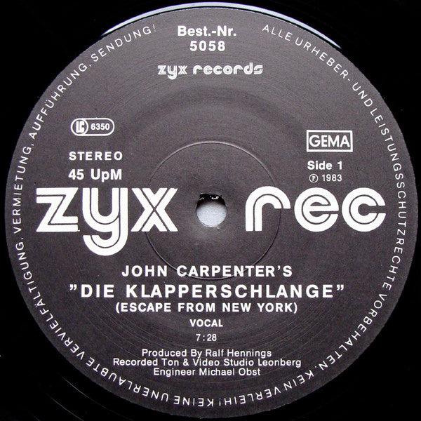 The Splash Band : John Carpenter's "Die Klapperschlange" (12", Maxi)