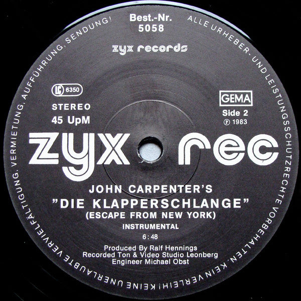 The Splash Band : John Carpenter's "Die Klapperschlange" (12", Maxi)