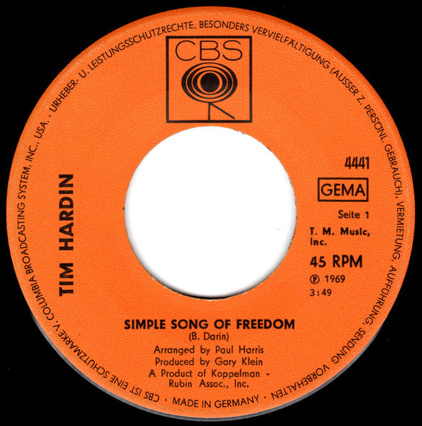 Tim Hardin : Simple Song Of Freedom (7", Single)