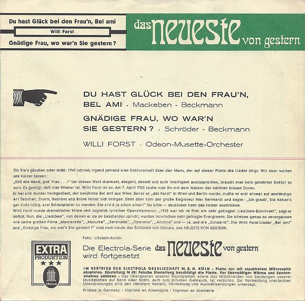 Willi Forst : Du Hast Glück Bei Den Frau'n, Bel Ami (7", Single, RE)