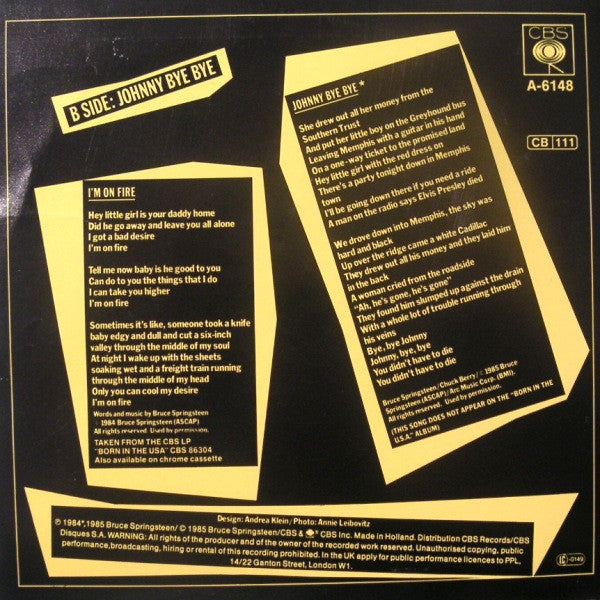 Bruce Springsteen : I'm On Fire (7", Single)