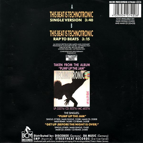 Technotronic Feat. MC Eric : This Beat Is Technotronic (7", Single, Bla)
