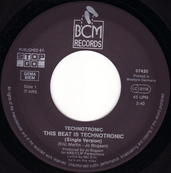 Technotronic Feat. MC Eric : This Beat Is Technotronic (7", Single, Bla)