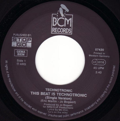 Technotronic Feat. MC Eric : This Beat Is Technotronic (7", Single, Bla)