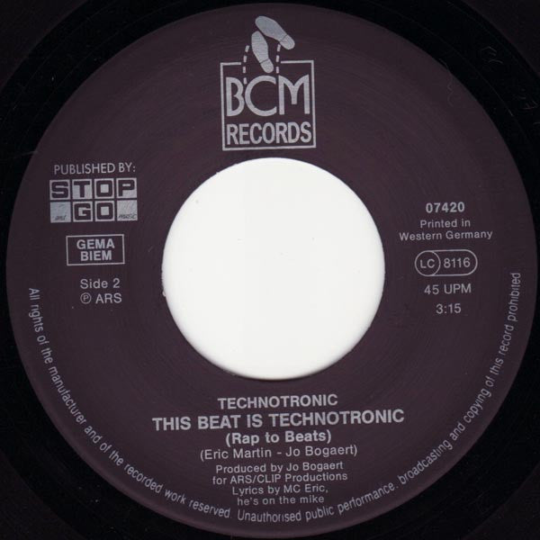 Technotronic Feat. MC Eric : This Beat Is Technotronic (7", Single, Bla)