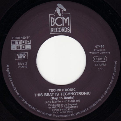Technotronic Feat. MC Eric : This Beat Is Technotronic (7", Single, Bla)