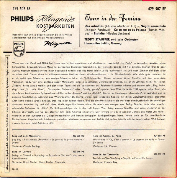 Orchester Teddy Stauffer : Tanz In Der Femina (7", EP)