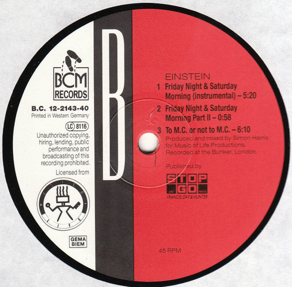 Einstein (2) : Friday Night & Saturday Morning (12")