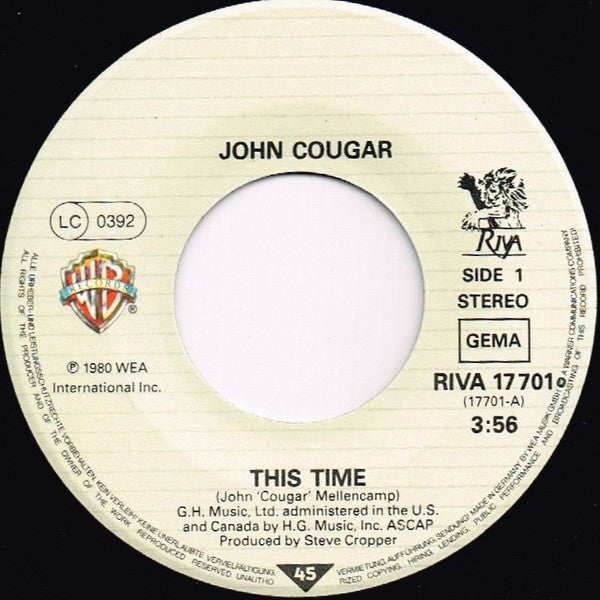 John Cougar Mellencamp : This Time (7", Single)