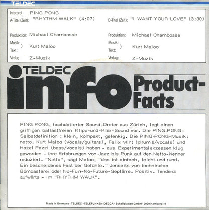 Ping Pong : Rhythm Walk / I Want Your Love (7", Single, Promo)