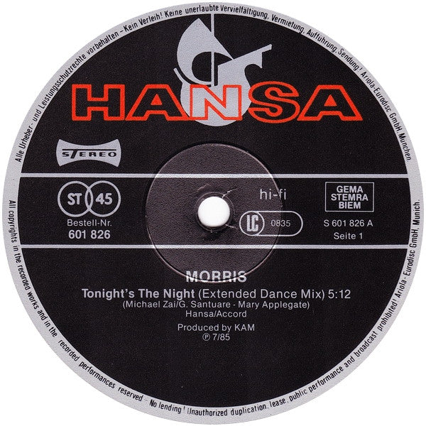 Morris (6) : Tonight's The Night (12", Maxi)
