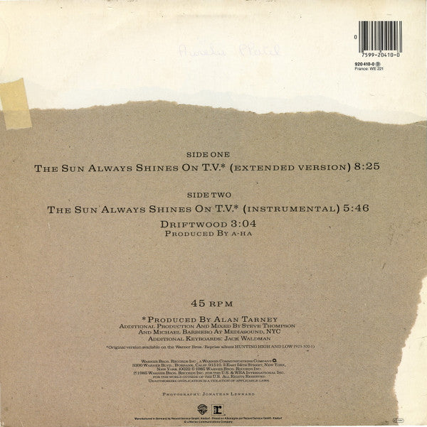 a-ha : The Sun Always Shines On T.V. (12", Maxi)